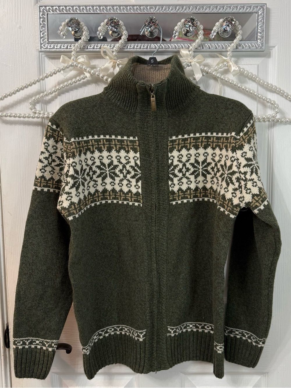 Olive Green Zip-Up Fair Isle Sweater with Cream Pattern